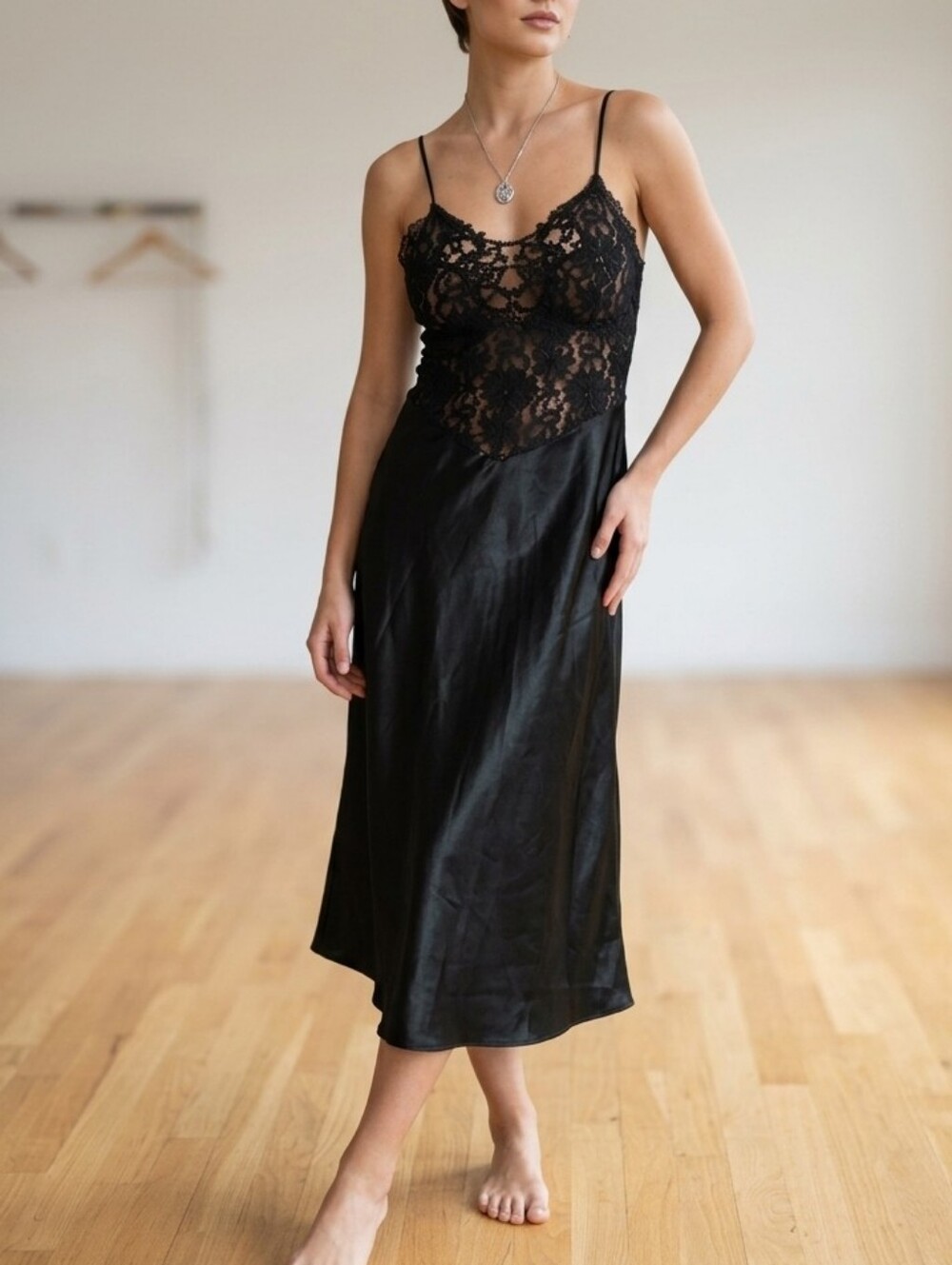 Vintage 90s Cinema Etoile Black Lace Bodice Satin Midi Slip Dress sz S Women's